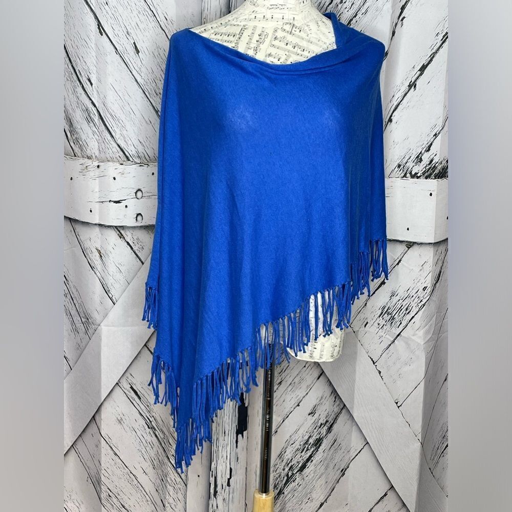 Coleen Lopez Fringe Poncho Blanket Sweater Blue 1X